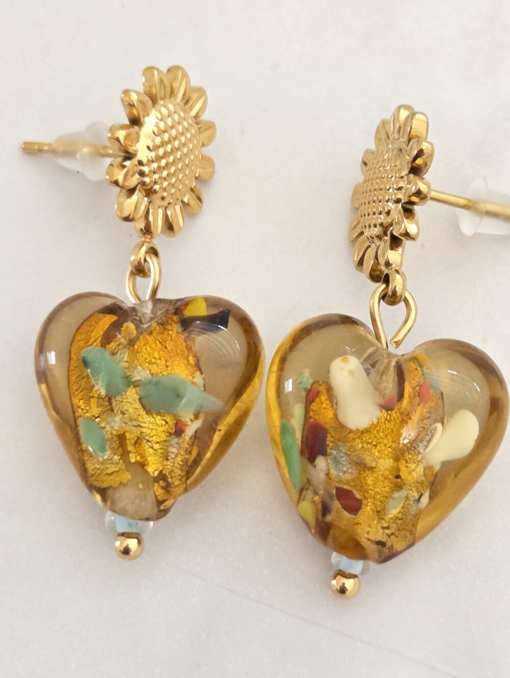 Gold Sunflower Amber Heart Dangle Drop Earrings Stainless Steel Boho Jewelry - Picture 7 of 13